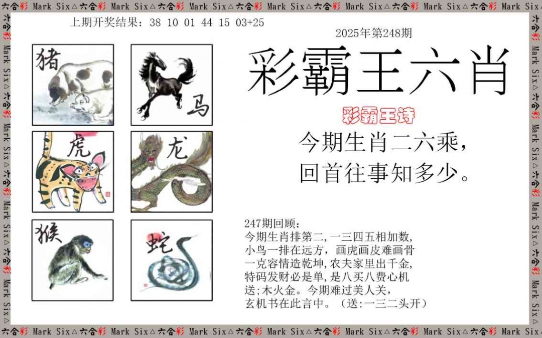 2025248期：彩霸王六肖，描繪2025港彩免費資料玄機:欲錢買有功勞的 (龍雞);解析2025新澳門王中王免費觀看6肖12碼：【龍蛇馬猴雞狗,3-5-6-10-11-14-17-20-24-26-38-48】
