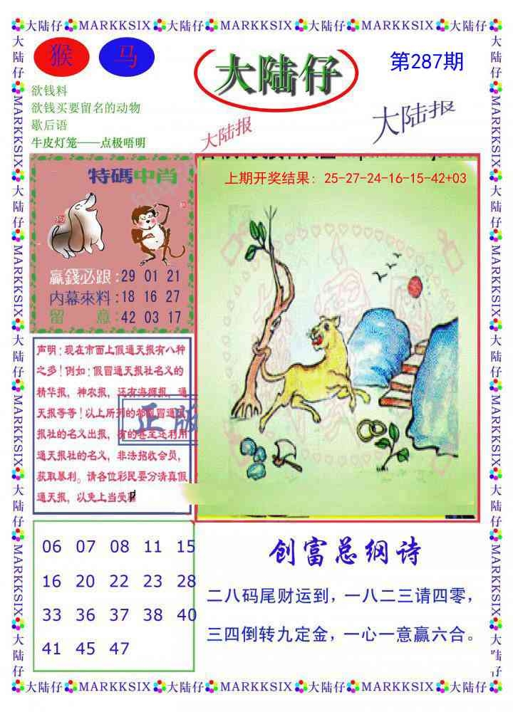 2025287期：澳门大陆仔，描绘205期澳门天天彩玄机:幸运号码中大奖;解析2025新澳门天天免费6肖12码：【虎龙蛇羊猴鸡,9-11-14-24-26-27-28-32-36-41-45-49】