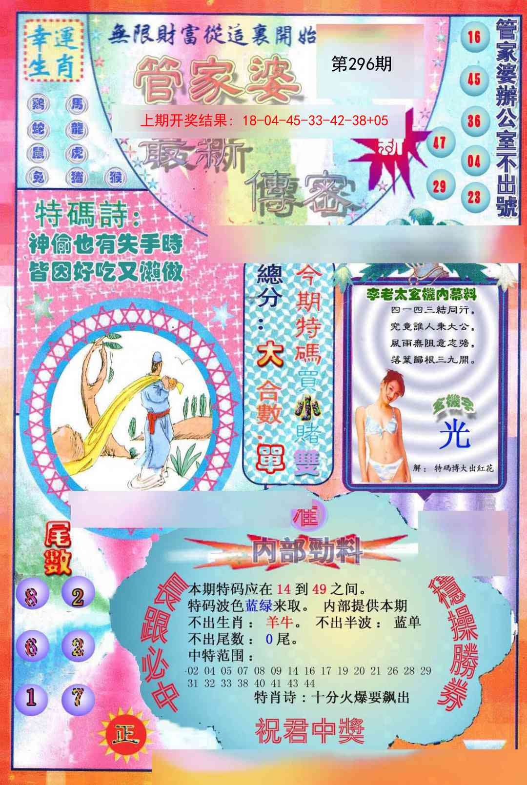 2025296期：管家婆密传，描绘澳门管家婆100%精准玄机:特码生肖不用查;解析澳门管家婆谜语怎么玩3肖6码：【鼠牛虎,21-33-34-41-43-45】