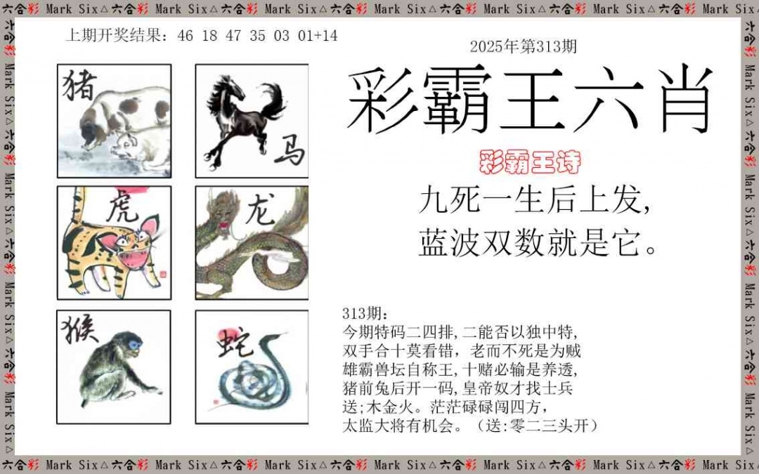 2025313期：彩霸王六肖，描繪2025天天彩免費(fèi)資料玄機(jī):欲錢去找去年十—期(兔馬);解析2025新澳天天彩免費(fèi)3肖6碼：【蛇羊猴,3-6-24-25-26-48】