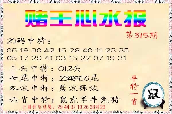 2025315期：赌王心水图，描绘2025新资免费大全玄机:今期生肖三七开;解析2025最新资料免费6肖12码：【虎龙蛇羊鸡猪,4-6-10-11-13-16-20-36-37-38-43-45】