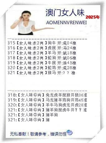 2025321期：澳门女人味，描绘2025年新澳门资枓大全玄机:二五相合一七开;解析2025新澳门历史记录查询3肖6码：【兔鸡猪,2-3-12-13-24-29】