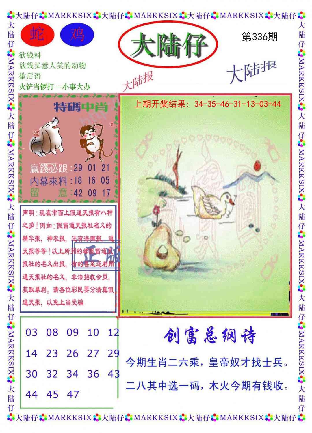 2025336期：澳门大陆仔，描绘2025今天晚上澳门开什么玄机:今期生肖最忠心;解析2025新澳门彩开将结果6肖12码：【虎兔龙猴鸡猪,1-2-8-17-20-27-34-35-44-45-46-47】